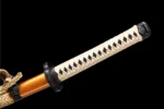 Rosewood Katana Training Sword tsuka-ito handle wrap in white cord over off-white samegawa, training samurai sword, wooden samurai sword
