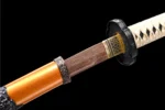 Rosewood Wooden Katana Training Sword scabbard mouth (koiguchi) and brass habaki junction detail, training samurai sword, wooden samurai sword