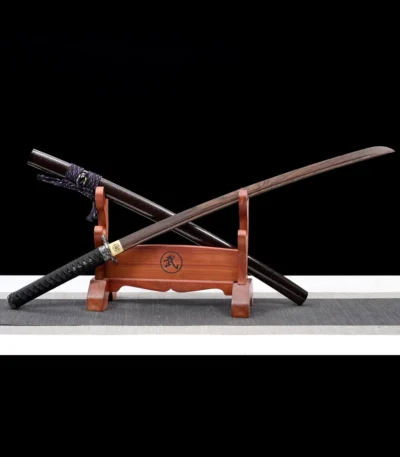 Samurai Sword Training Wooden Sword G Type crossed swords display on stand showcasing blade and scabbard, training samurai sword, wooden samurai sword