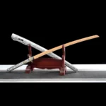 Silver Peony angled stand display showing blade and scabbard of samurai sword