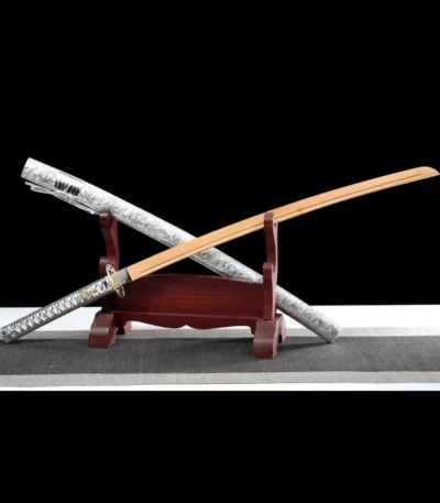 Silver Peony angled stand display showing blade and scabbard of samurai sword