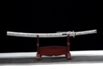 Silver Peony full samurai sword displayed on wooden stand