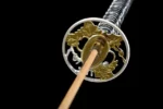 Silver Peony peony-design tsuba guard and habaki junction detail on samurai sword