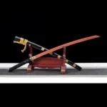 Tang Bohu Dian Qiuxiang crossed stand display featuring two swords with ornamental scabbards, training samurai sword, wooden samurai sword