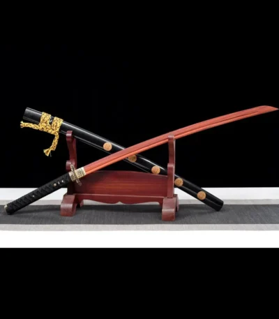 Tang Bohu Dian Qiuxiang crossed stand display featuring two swords with ornamental scabbards, training samurai sword, wooden samurai sword