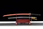 Tang Bohu Dian Qiuxiang straight stand display with wooden blade sheathed and scabbard above, training samurai sword, wooden samurai sword