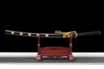 Tang Bohu Dian Qiuxiang straight stand display with scabbard below unsheathed wooden blade, training samurai sword, wooden samurai sword