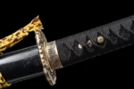 Tang Bohu Dian Qiuxiang handle pommel (kashira) showing embossed chrysanthemum design in brass, training samurai sword, wooden samurai sword