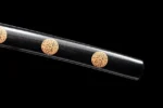 Tang Bohu Dian Qiuxiang scabbard medallion detail with two brass round emblems on black lacquered scabbard, training samurai sword, wooden samurai sword