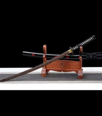 Training Wooden Sword J Type crossed display on wooden stand showing sword and scabbard, training samurai sword, wooden samurai sword