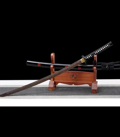 Training Wooden Sword J Type crossed display on wooden stand showing sword and scabbard, training samurai sword, wooden samurai sword