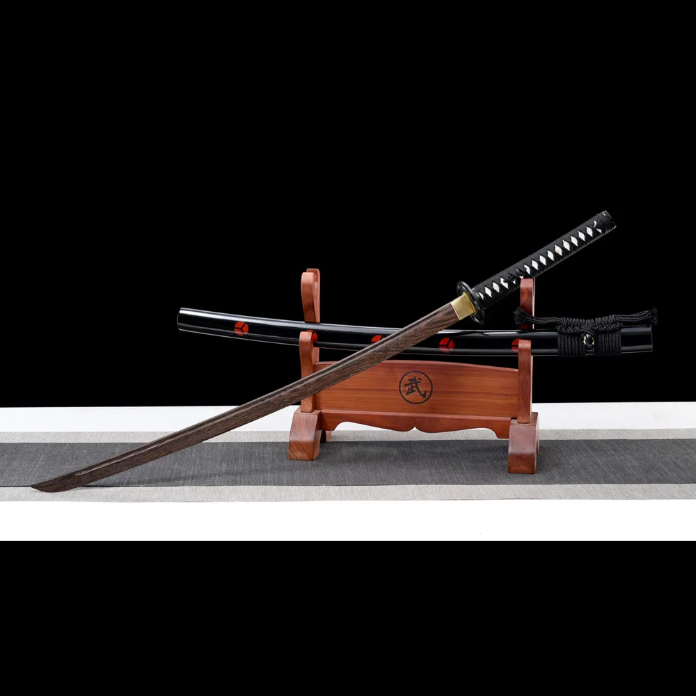 Training Wooden Sword J Type crossed display on wooden stand showing sword and scabbard, training samurai sword, wooden samurai sword