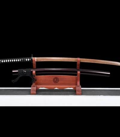 Samurai Sword Training Wooden Sword AC Type sheathed and unsheathed pair detail, training samurai sword, wooden samurai sword, wooden training samurai sword