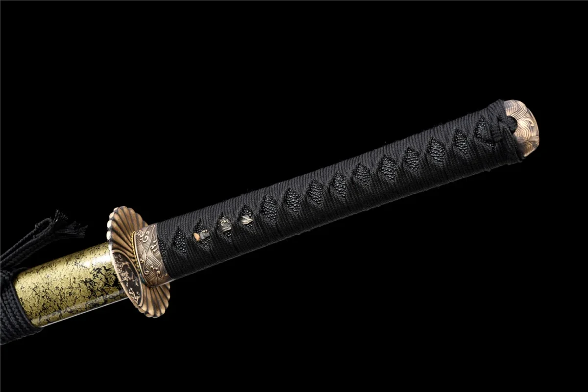 KATANA Training Wooden Sword E tsuka-ito wrap and samegawa handle detail in black and white, training samurai sword, wooden samurai sword