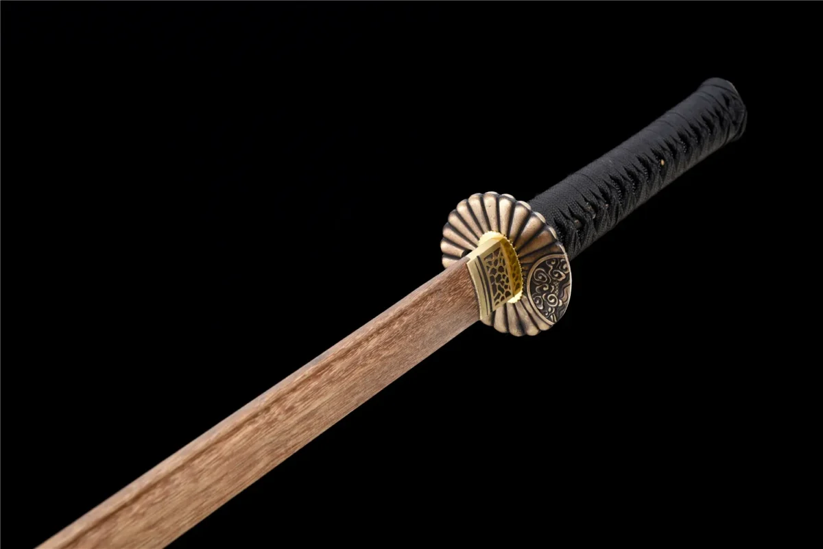 KATANA Training Wooden Sword E flower-shaped tsuba guard detail in brass finish, training samurai sword, wooden samurai sword