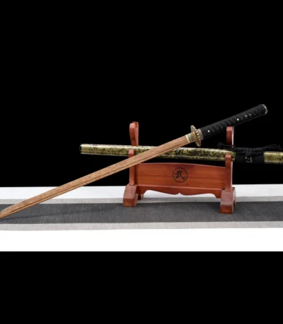 KATANA Training Wooden Sword E full display showing brown lacquer scabbard and natural wood grain blade, training samurai sword, wooden samurai sword