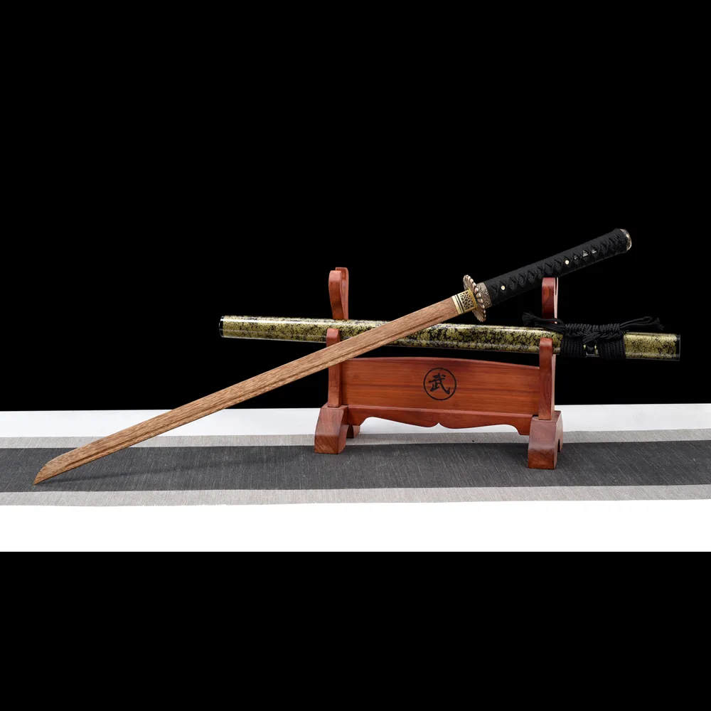 KATANA Training Wooden Sword E full display showing brown lacquer scabbard and natural wood grain blade, training samurai sword, wooden samurai sword