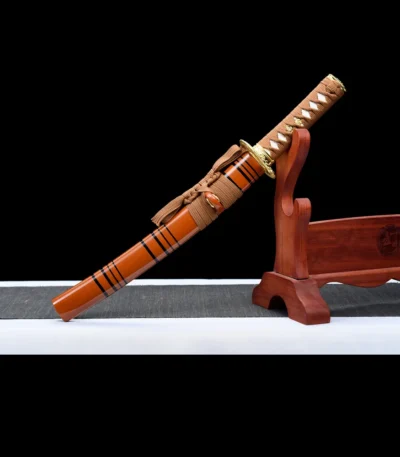 12-inch Samurai Sword Training Wooden Sword F Type stand display with red-orange lacquered scabbard and wooden blade, training samurai sword, wooden samurai sword