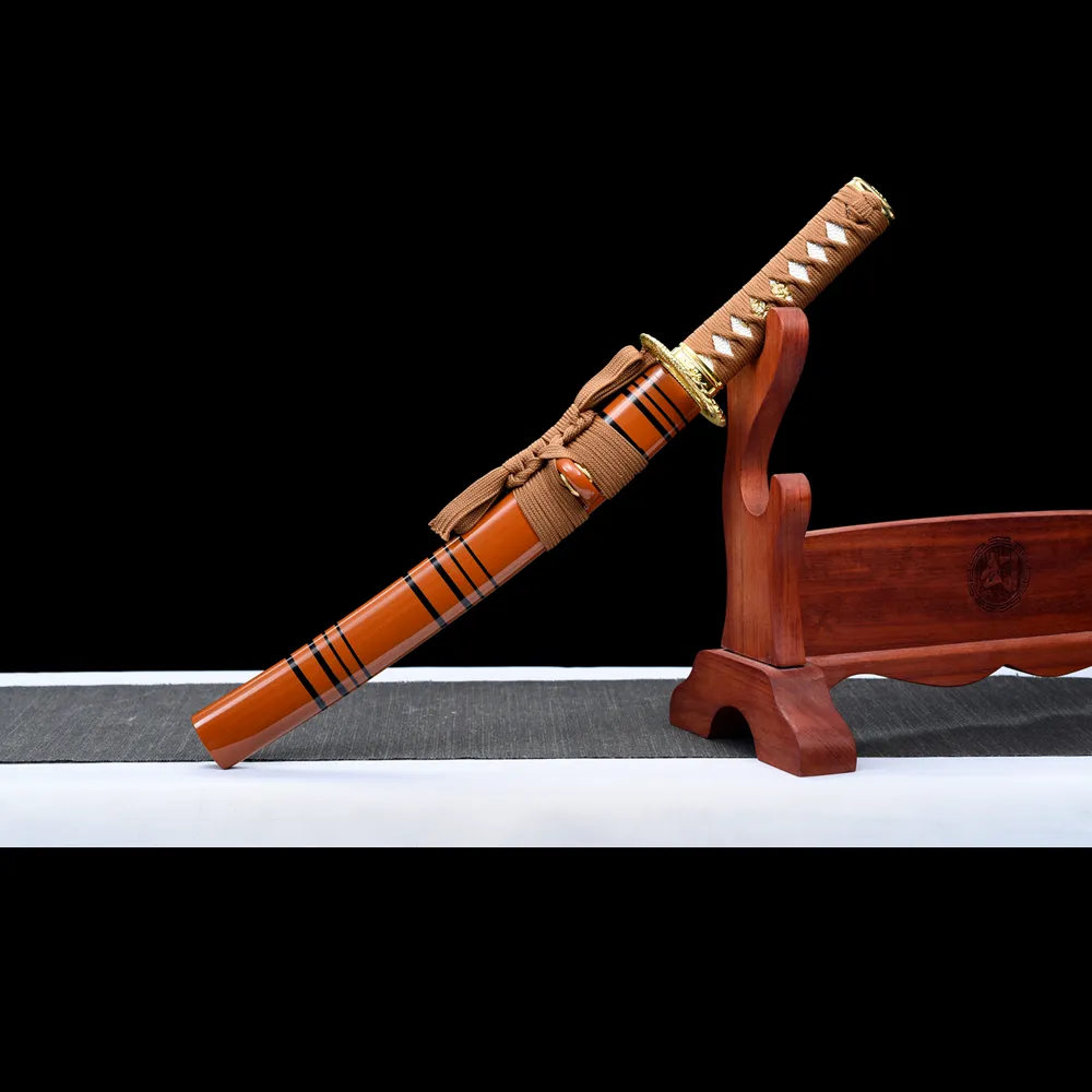 12-inch Samurai Sword Training Wooden Sword F Type stand display with red-orange lacquered scabbard and wooden blade, training samurai sword, wooden samurai sword