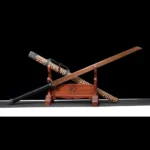 Wooden Embroidered Spring Knife crossed display of two swords on stand showcasing scabbard embroidery, training samurai sword, wooden samurai sword