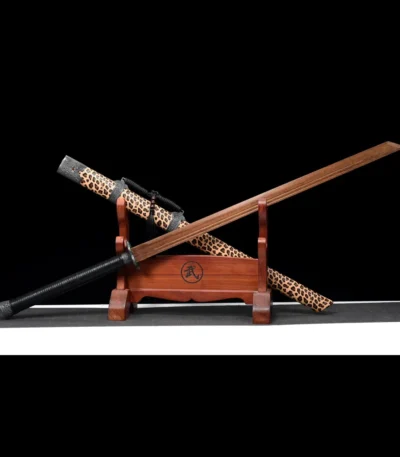 Wooden Embroidered Spring Knife crossed display of two swords on stand showcasing scabbard embroidery, training samurai sword, wooden samurai sword