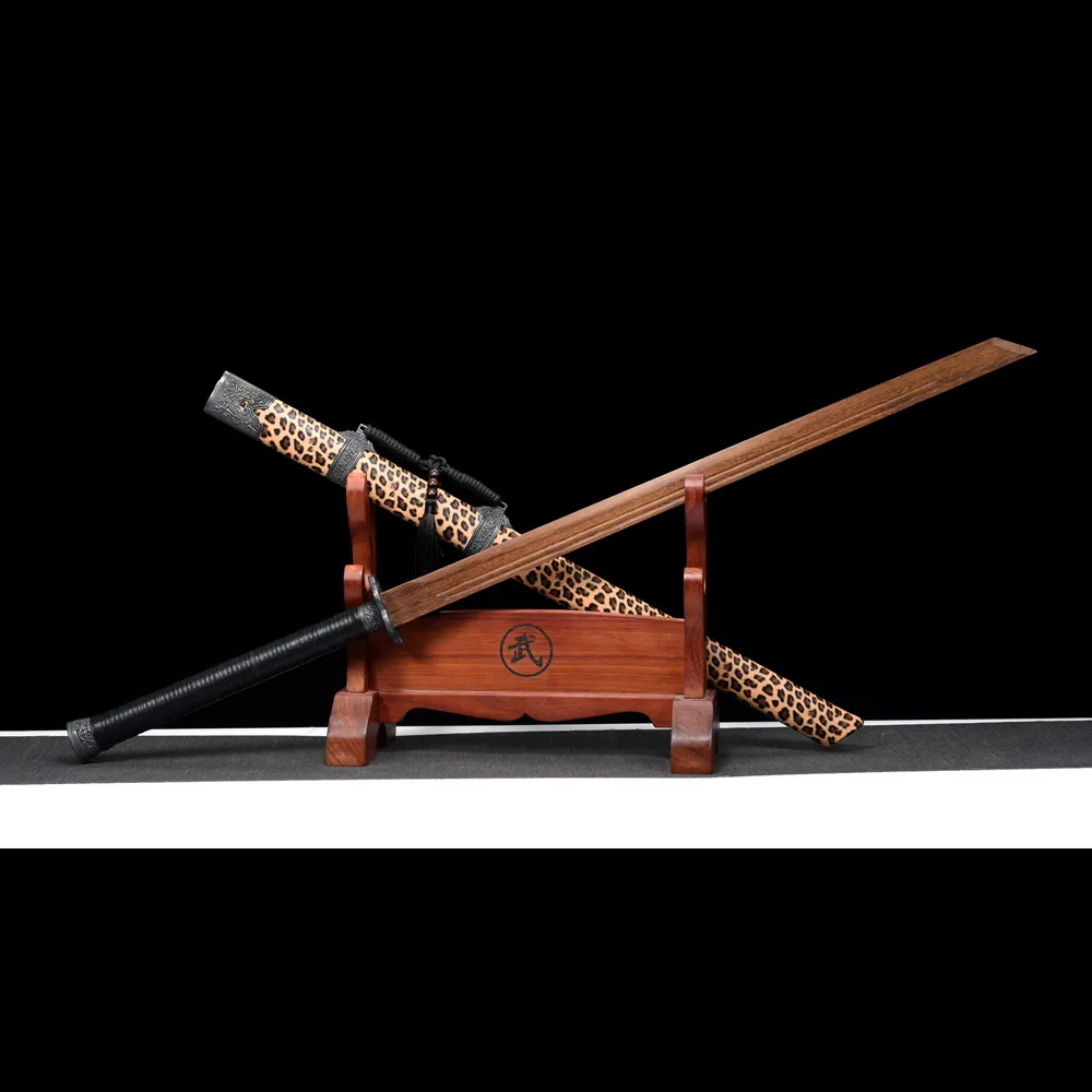 Wooden Embroidered Spring Knife crossed display of two swords on stand showcasing scabbard embroidery, training samurai sword, wooden samurai sword