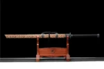 Wooden Embroidered Spring Knife full display on wooden stand with embroidered scabbard, training samurai sword, wooden samurai sword