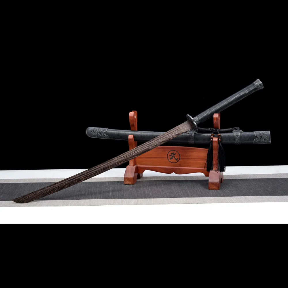 Wooden Embroidered Spring Knife Model D dual display of sheathed and unsheathed swords on wooden stand, training samurai sword, wooden samurai sword