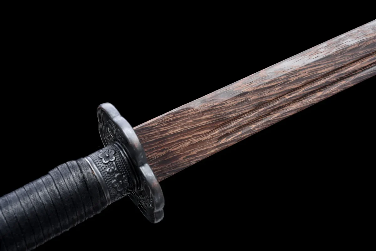 Wooden Embroidered Spring Knife Model D wooden blade mid-section grain detail in natural finish, training samurai sword, wooden samurai sword