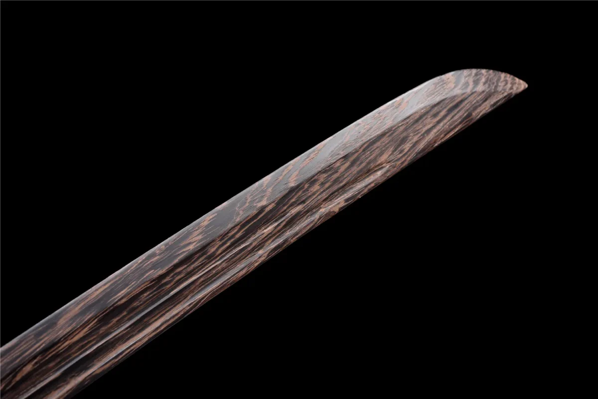 Wooden Embroidered Spring Knife Model D wooden blade tip curvature detail in natural wood grain, training samurai sword, wooden samurai sword