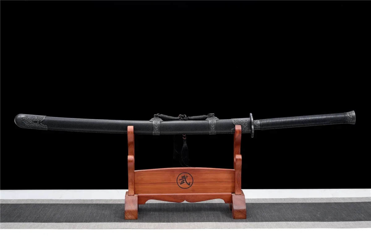 Wooden Embroidered Spring Knife Model D scabbard displayed on wooden stand, training samurai sword, wooden samurai sword