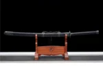 Wooden Embroidered Spring Knife Model D scabbard displayed on wooden stand, training samurai sword, wooden samurai sword