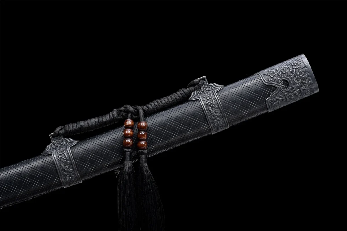 Wooden Embroidered Spring Knife Model D scabbard embroidery detail in black and gold, training samurai sword, wooden samurai sword