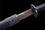 Wooden Embroidered Spring Knife Model D brass habaki and wooden blade-mouth junction detail, training samurai sword, wooden samurai sword