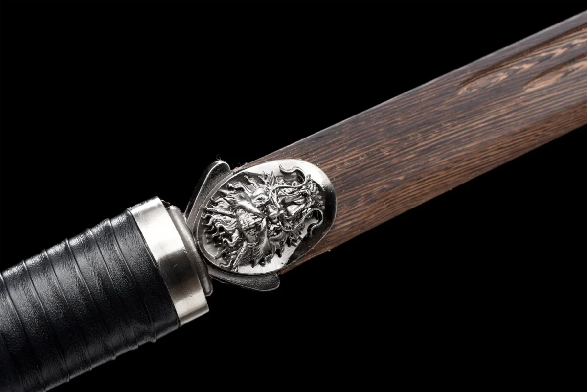 Wooden Sword Tang Horizontal Sword kurigata knob and sageo cord knot detail with silver medallion, training samurai sword, wooden samurai sword