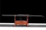 Tang Horizontal Sword Type B centered display on wooden stand with sword sheathed.