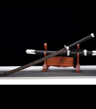 Wooden Xiuchun Knife crossed display on stand featuring two practice swords, Xiuchun Knife, wooden practice sword