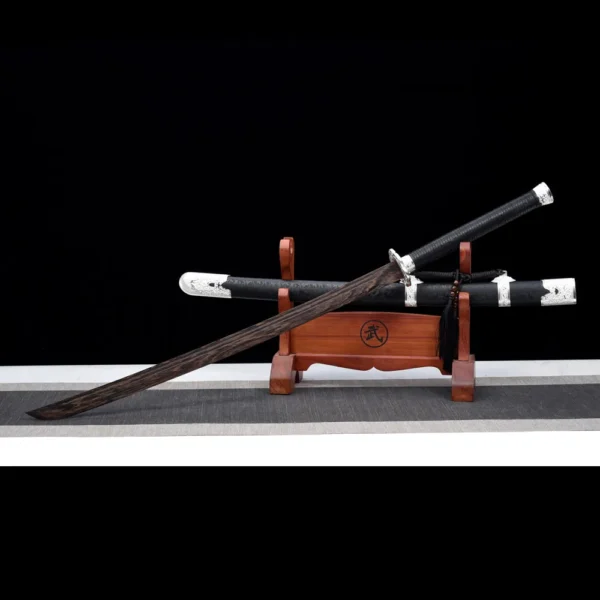 Wooden Xiuchun Knife crossed display on stand featuring two practice swords, Xiuchun Knife, wooden practice sword