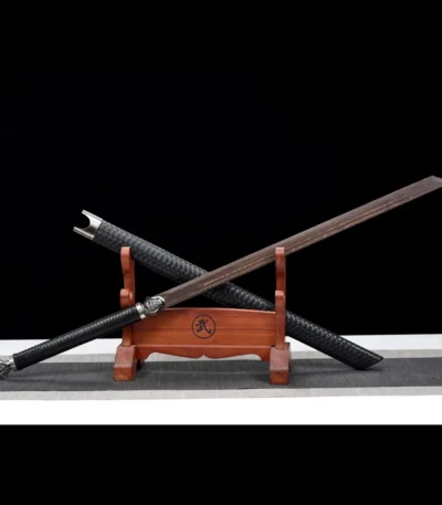 Wooden Sword Tang Horizontal Sword crossed display on stand with two wooden blades, training samurai sword, wooden samurai sword
