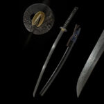 Black Damascus Japanese Sword full view with detailed guard