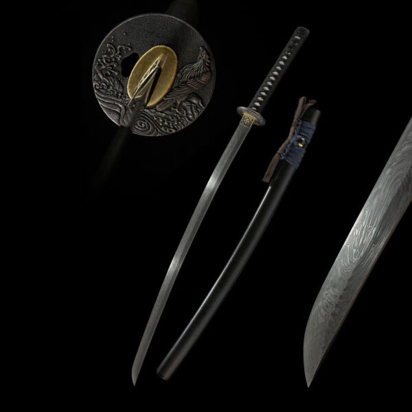 Black Damascus Japanese Sword full view with detailed guard