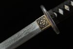 Black Damascus Japanese Sword guard and collar close-up