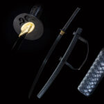 Pure black sword with ornate hilt, full blade, and leather-wrapped scabbard