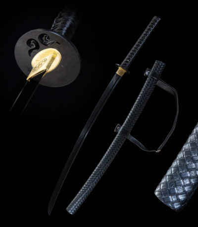 Pure black sword with ornate hilt, full blade, and leather-wrapped scabbard
