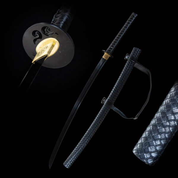 Pure black sword with ornate hilt, full blade, and leather-wrapped scabbard