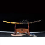 Full view of the katana displayed on a wooden stand