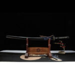 Displayed Black Damascus Japanese Sword with wooden stand