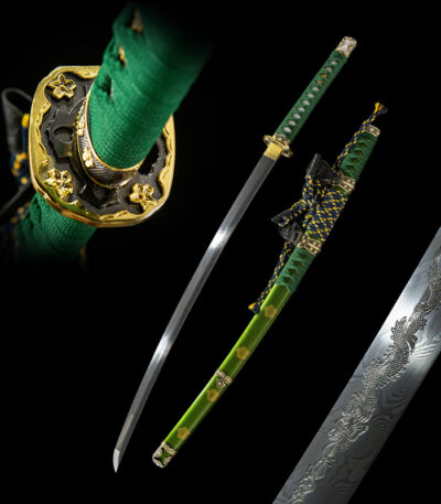 Full view of the Blue Water Knife, showcasing the blade, guard, and intricate scabbard design.