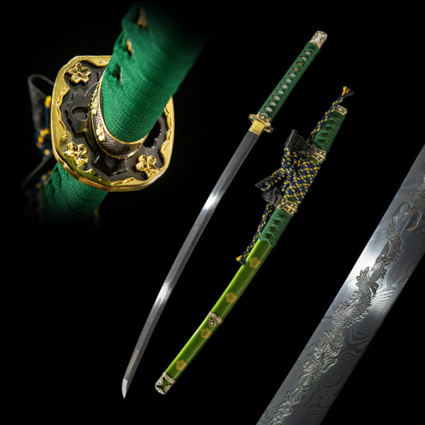 Full view of the Blue Water Knife, showcasing the blade, guard, and intricate scabbard design.