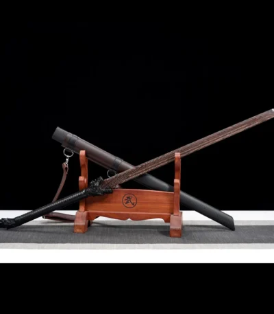 Tang Horizontal Sword Type B crossed display of two swords on a wooden stand.